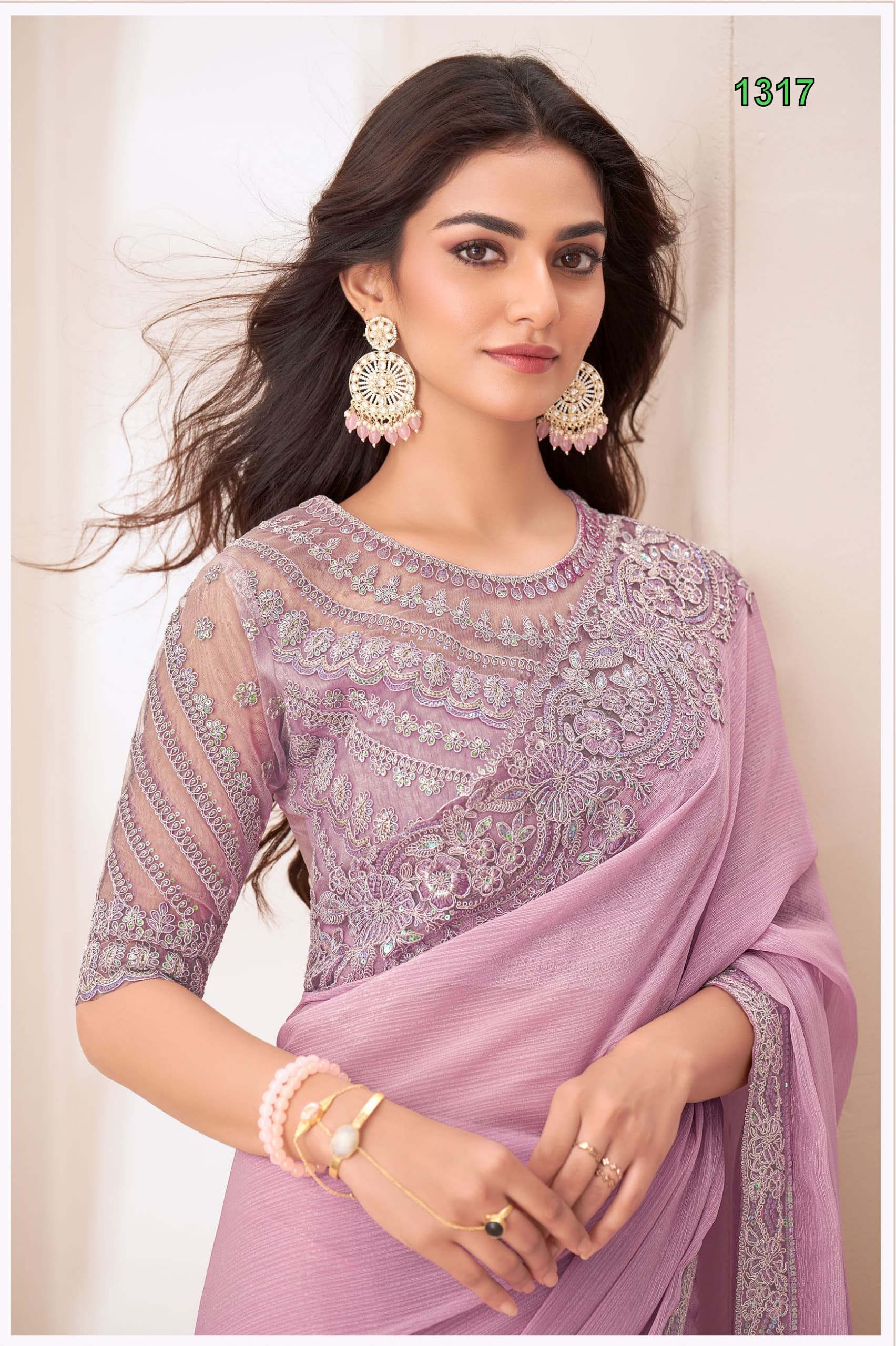 Pastel Lilac Fine Soft Satin Saree with Intricate Cutdana Embroidery Accents